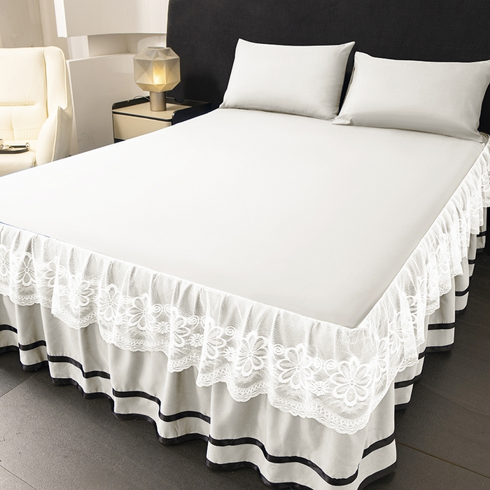 91家纺网 家纺一手货源 找家纺 米瑞娜 2026新款磨毛双层蕾丝花边床裙跨境全尺寸系列 白色