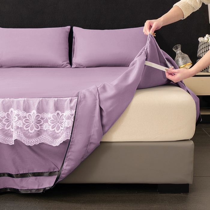 91家纺网 家纺一手货源 找家纺 米瑞娜 2026新款磨毛双层蕾丝花边床裙跨境全尺寸系列 薇紫