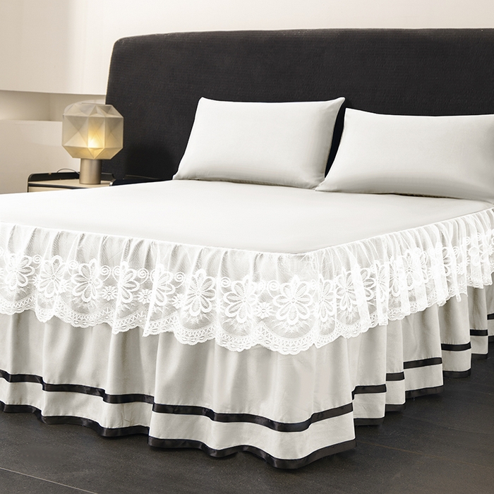 91家纺网 家纺一手货源 找家纺 米瑞娜 2026新款磨毛双层蕾丝花边床裙跨境全尺寸系列 白色