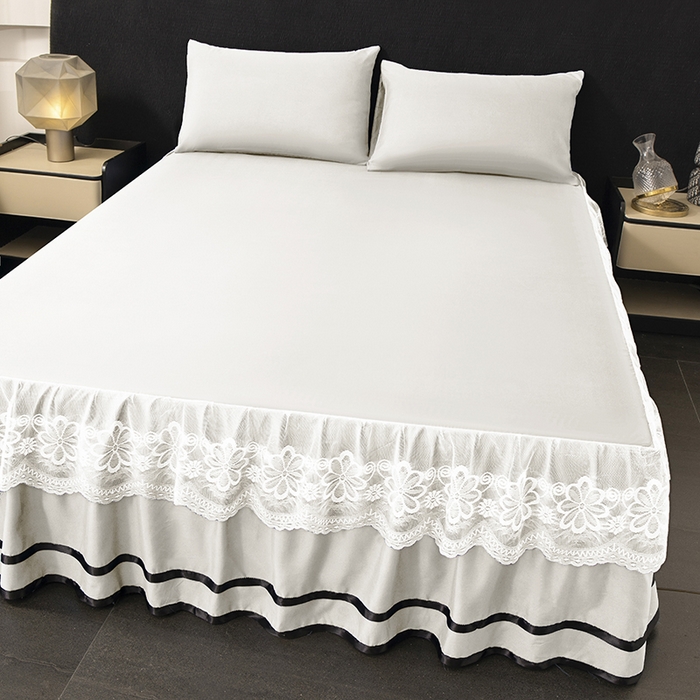 91家纺网 家纺一手货源 找家纺 米瑞娜 2026新款磨毛双层蕾丝花边床裙跨境全尺寸系列 白色