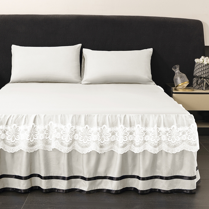 91家纺网 家纺一手货源 找家纺 米瑞娜 2026新款磨毛双层蕾丝花边床裙跨境全尺寸系列 白色