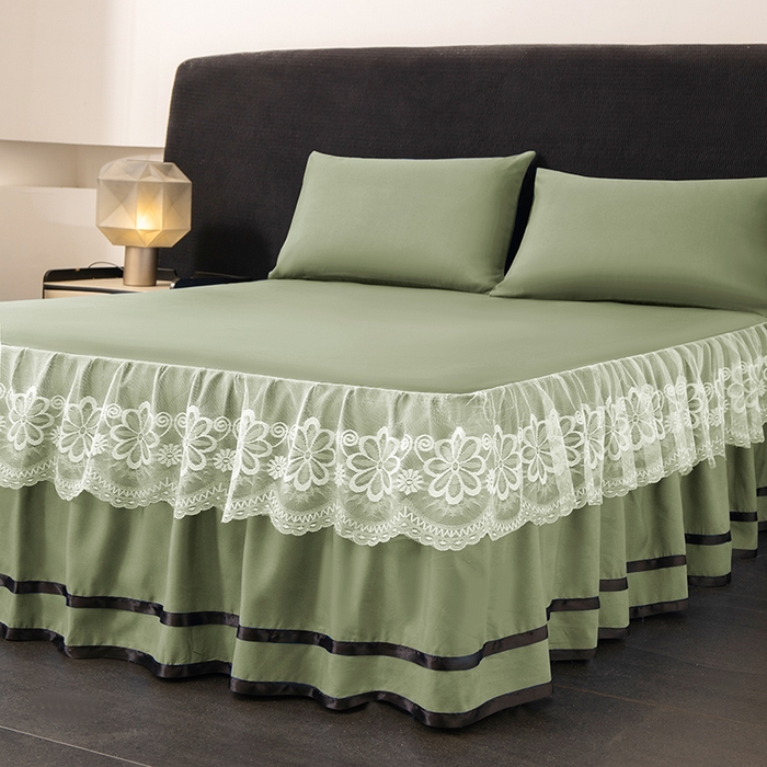 91家纺网 家纺一手货源 找家纺 米瑞娜 2026新款磨毛双层蕾丝花边床裙跨境全尺寸系列 果绿