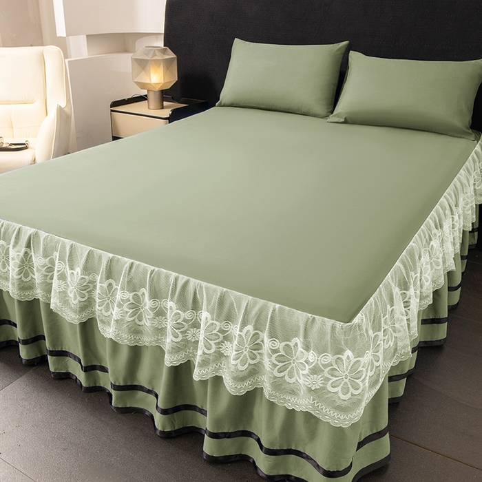 91家纺网 家纺一手货源 找家纺 米瑞娜 2026新款磨毛双层蕾丝花边床裙跨境全尺寸系列 果绿