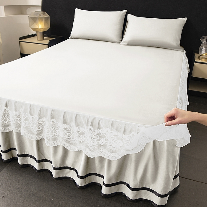 91家纺网 家纺一手货源 找家纺 米瑞娜 2026新款磨毛双层蕾丝花边床裙跨境全尺寸系列 白色