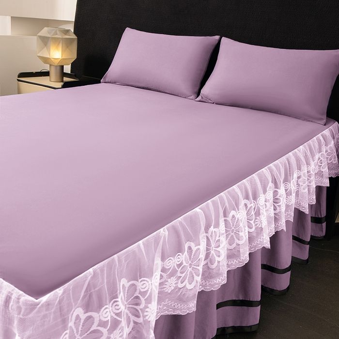 91家纺网 家纺一手货源 找家纺 米瑞娜 2026新款磨毛双层蕾丝花边床裙跨境全尺寸系列 薇紫