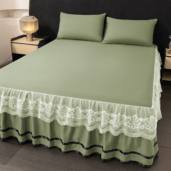 91家纺网 家纺一手货源 找家纺 米瑞娜 2026新款磨毛双层蕾丝花边床裙跨境全尺寸系列 果绿