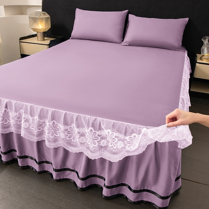 91家纺网 家纺一手货源 找家纺 米瑞娜 2026新款磨毛双层蕾丝花边床裙跨境全尺寸系列 薇紫