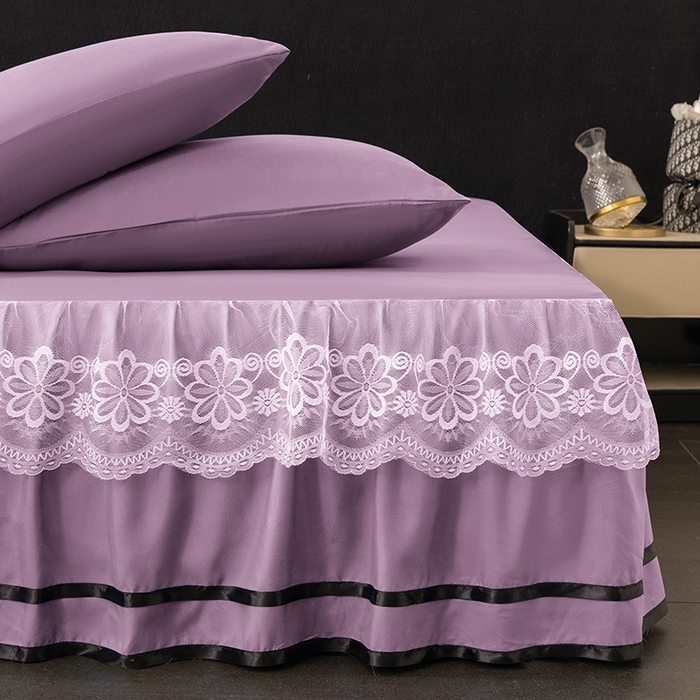 91家纺网 家纺一手货源 找家纺 米瑞娜 2026新款磨毛双层蕾丝花边床裙跨境全尺寸系列 薇紫