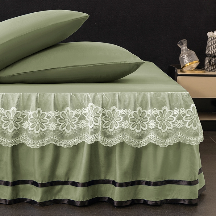 91家纺网 家纺一手货源 找家纺 米瑞娜 2026新款磨毛双层蕾丝花边床裙跨境全尺寸系列 果绿