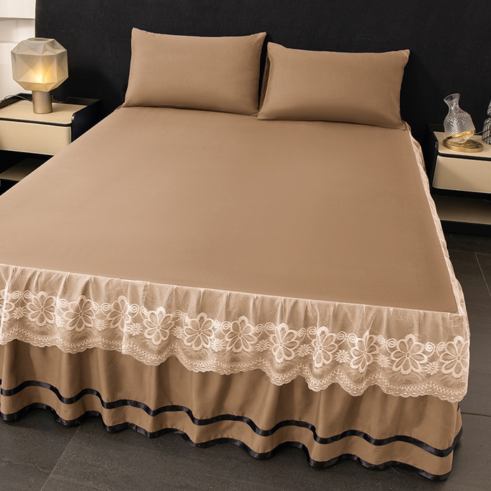 91家纺网 家纺一手货源 找家纺 米瑞娜 2026新款磨毛双层蕾丝花边床裙跨境全尺寸系列 卡其