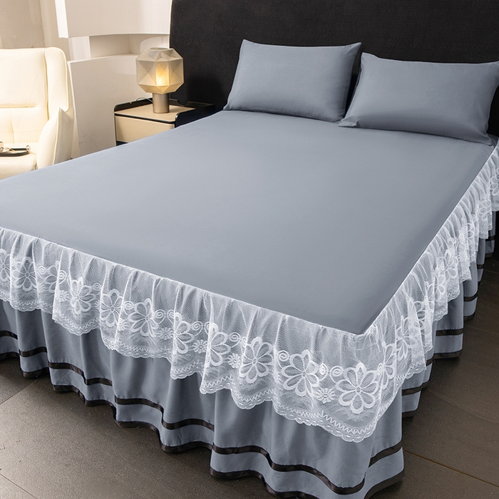 91家纺网 家纺一手货源 找家纺 米瑞娜 2026新款磨毛双层蕾丝花边床裙跨境全尺寸系列 银灰