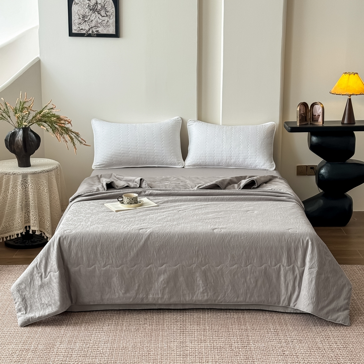 宜家坊 2026春夏新款全棉60S长绒棉立体厚织提花夏被四件套单夏被枕套夏凉被空调被 克拉拉-太空灰