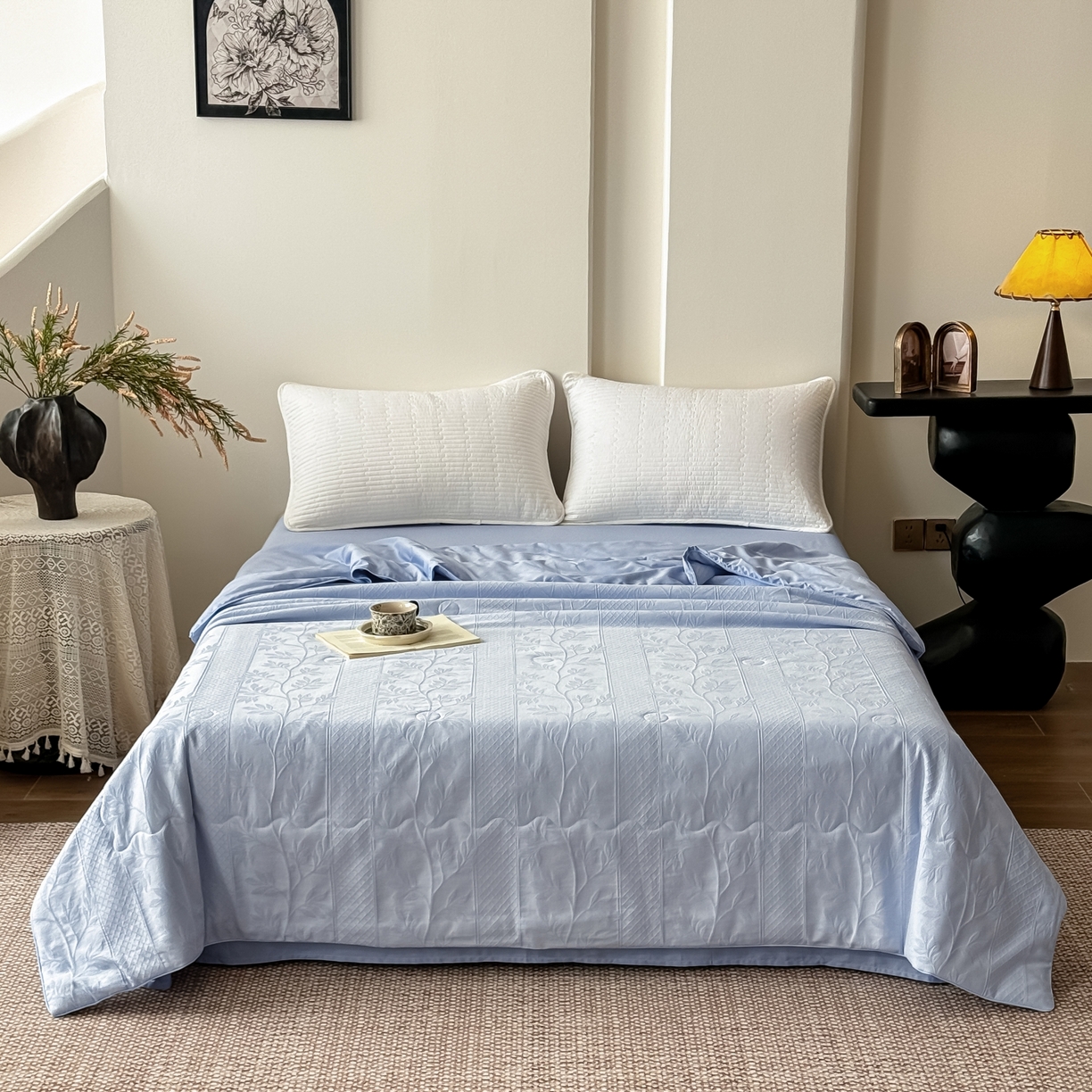 宜家坊 2026春夏新款全棉60S长绒棉立体厚织提花夏被四件套单夏被枕套夏凉被空调被 芊芊叶语-云水蓝