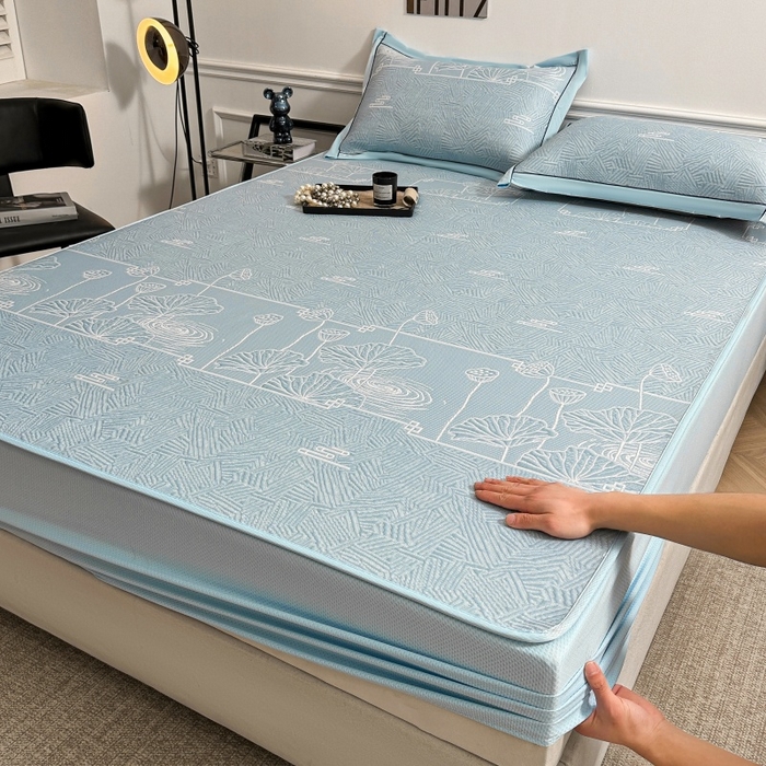 91家纺网 家纺一手货源 找家纺 （总）牵梦萦家纺 2026新款立体浮雕压花工艺凉感豆豆凉席-床笠款