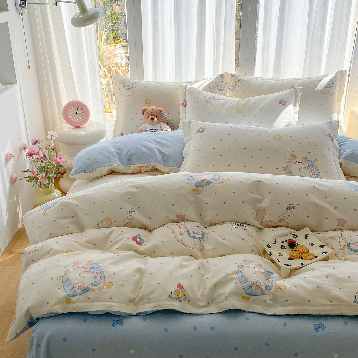 91家纺网 家纺一手货源 找家纺 钰锦珀家纺 2026新款13070全棉直角床单三件套四件套 调皮猫咪