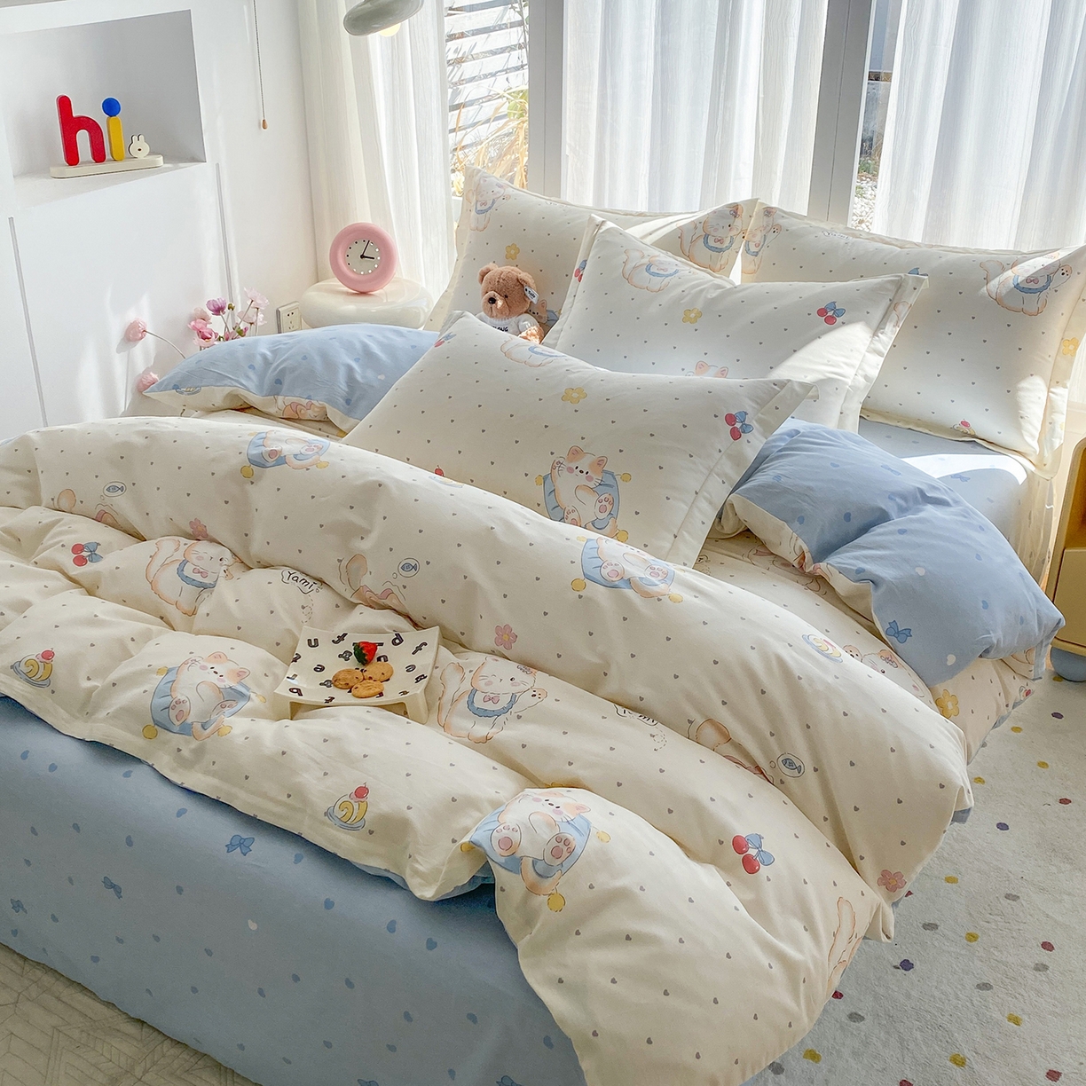 91家纺网 家纺一手货源 找家纺 钰锦珀家纺 2026新款13070全棉直角床单三件套四件套 调皮猫咪