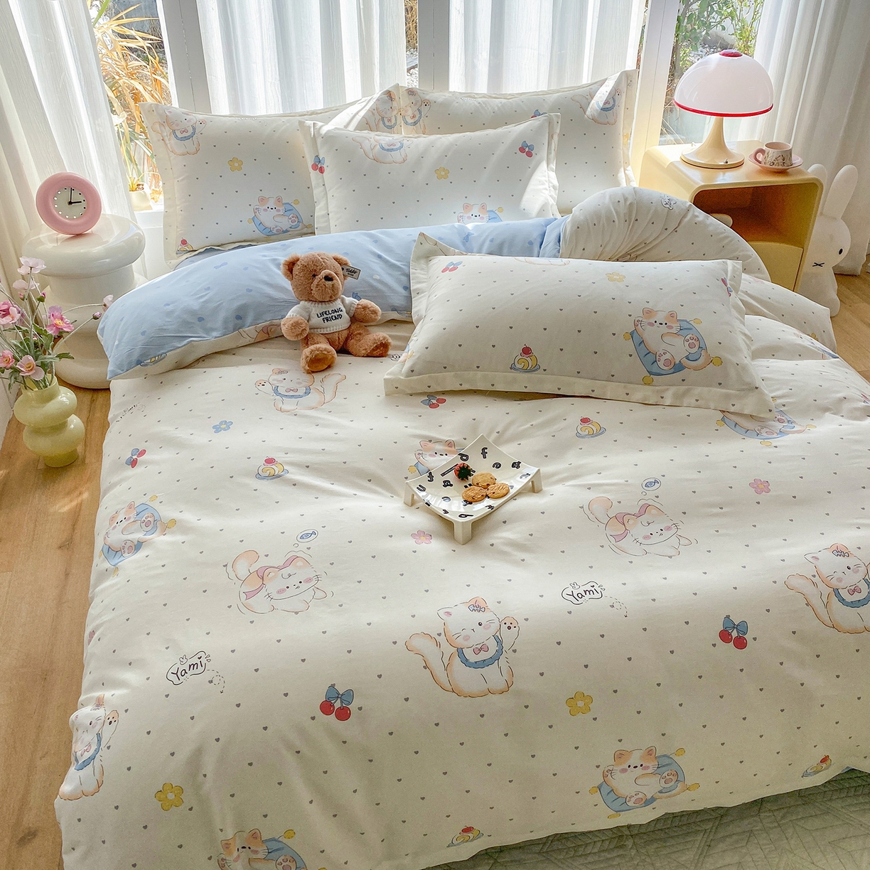 91家纺网 家纺一手货源 找家纺 钰锦珀家纺 2026新款13070全棉直角床单三件套四件套 调皮猫咪