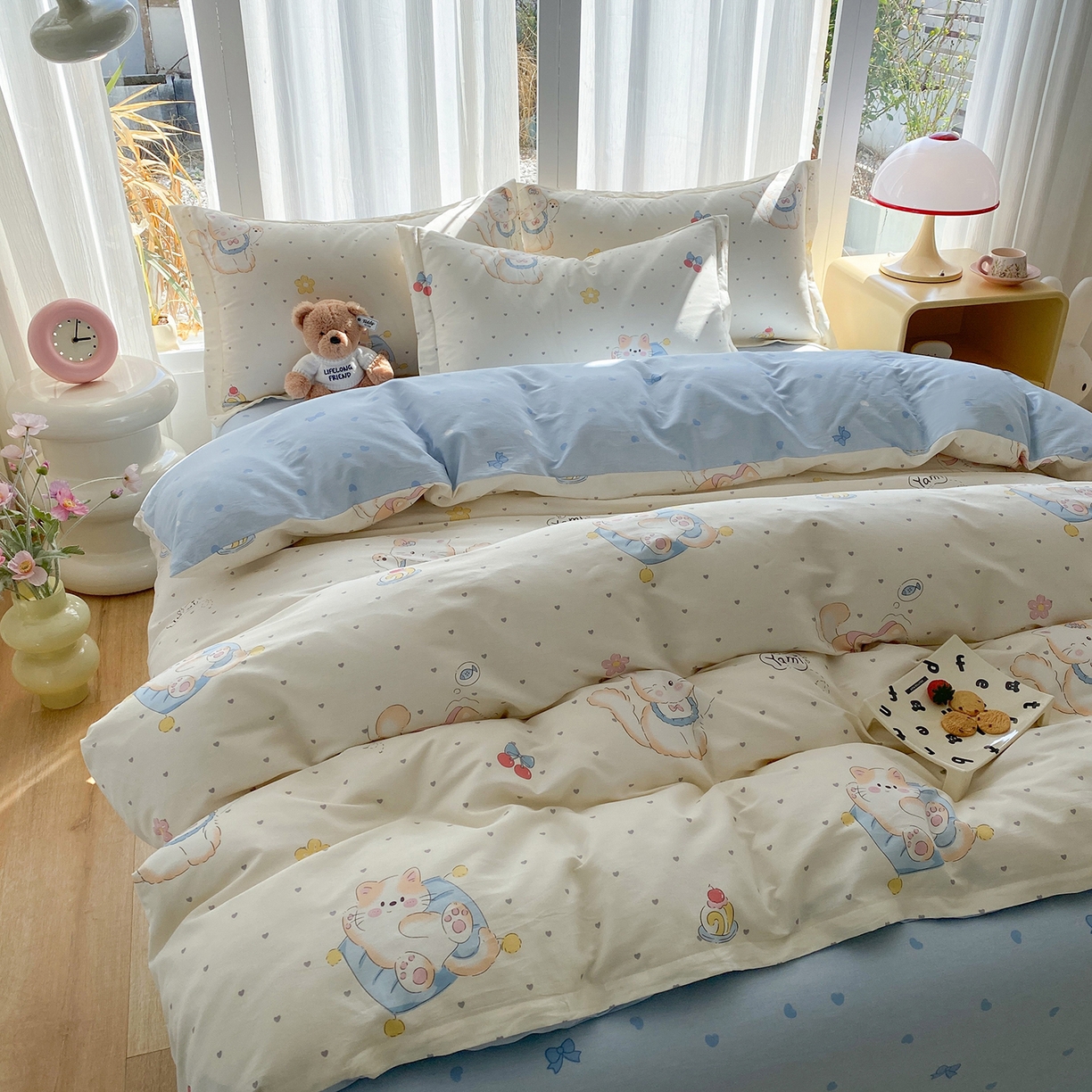 91家纺网 家纺一手货源 找家纺 钰锦珀家纺 2026新款13070全棉直角床单三件套四件套 调皮猫咪