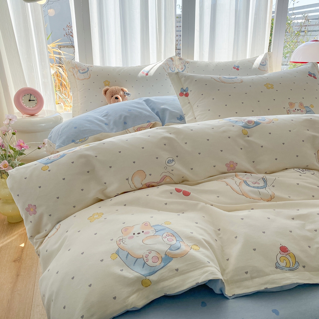 91家纺网 家纺一手货源 找家纺 钰锦珀家纺 2026新款13070全棉直角床单三件套四件套 调皮猫咪