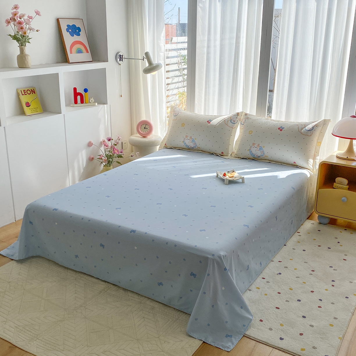 91家纺网 家纺一手货源 找家纺 钰锦珀家纺 2026新款13070全棉直角床单三件套四件套 调皮猫咪