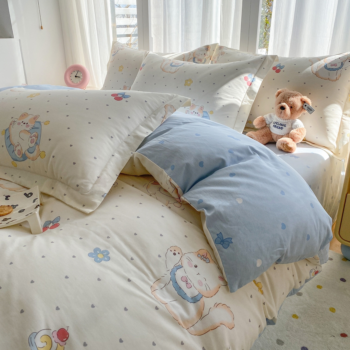 91家纺网 家纺一手货源 找家纺 钰锦珀家纺 2026新款13070全棉直角床单三件套四件套 调皮猫咪