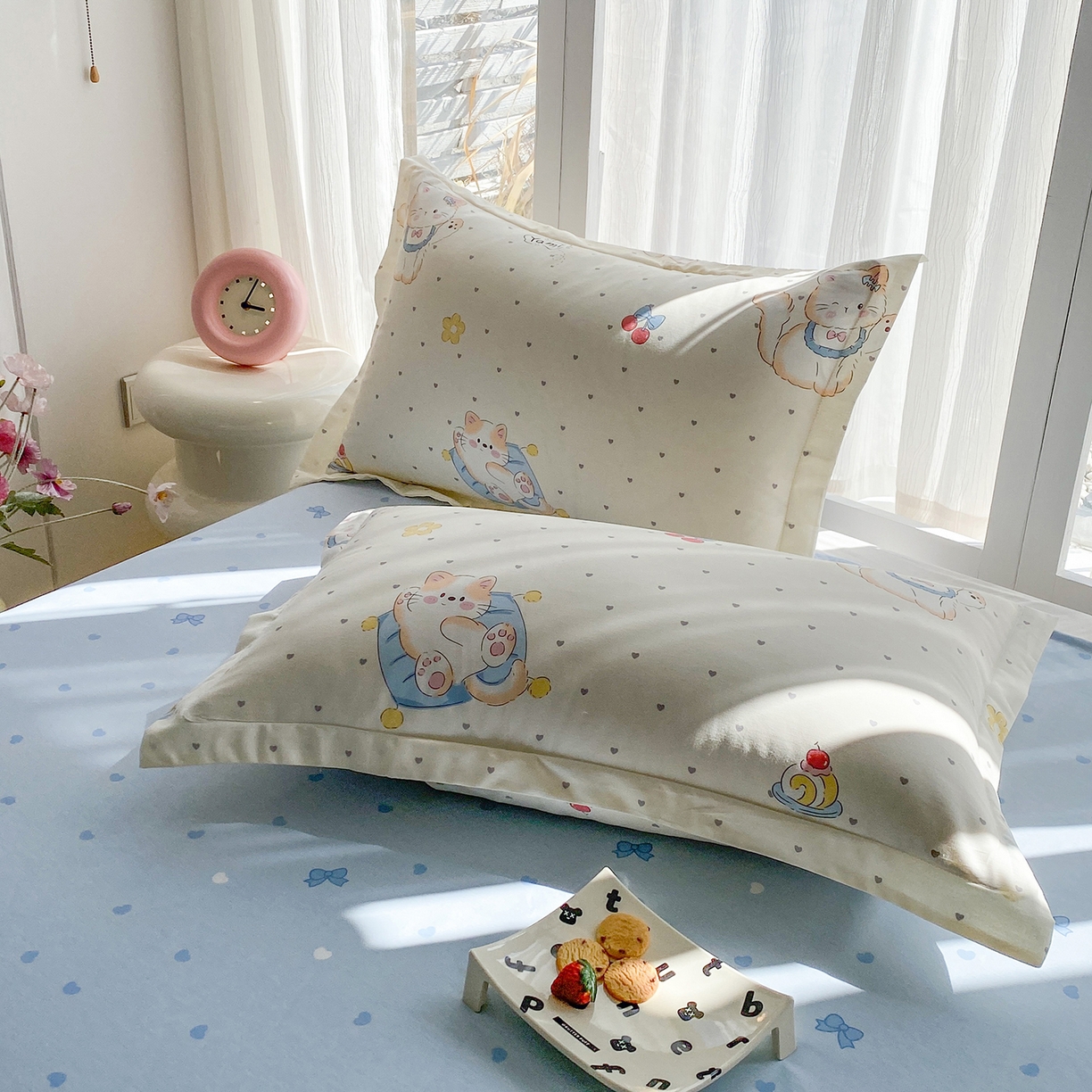 91家纺网 家纺一手货源 找家纺 钰锦珀家纺 2026新款13070全棉直角床单三件套四件套 调皮猫咪