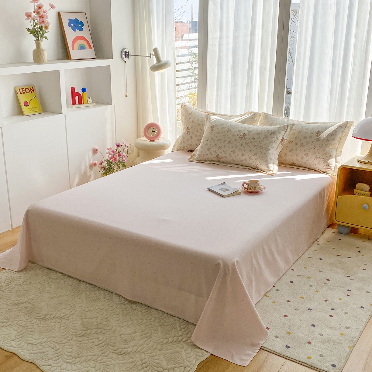 91家纺网 家纺一手货源 找家纺 钰锦珀家纺 2026新款13070全棉直角床单三件套四件套 粉樱兔小姐