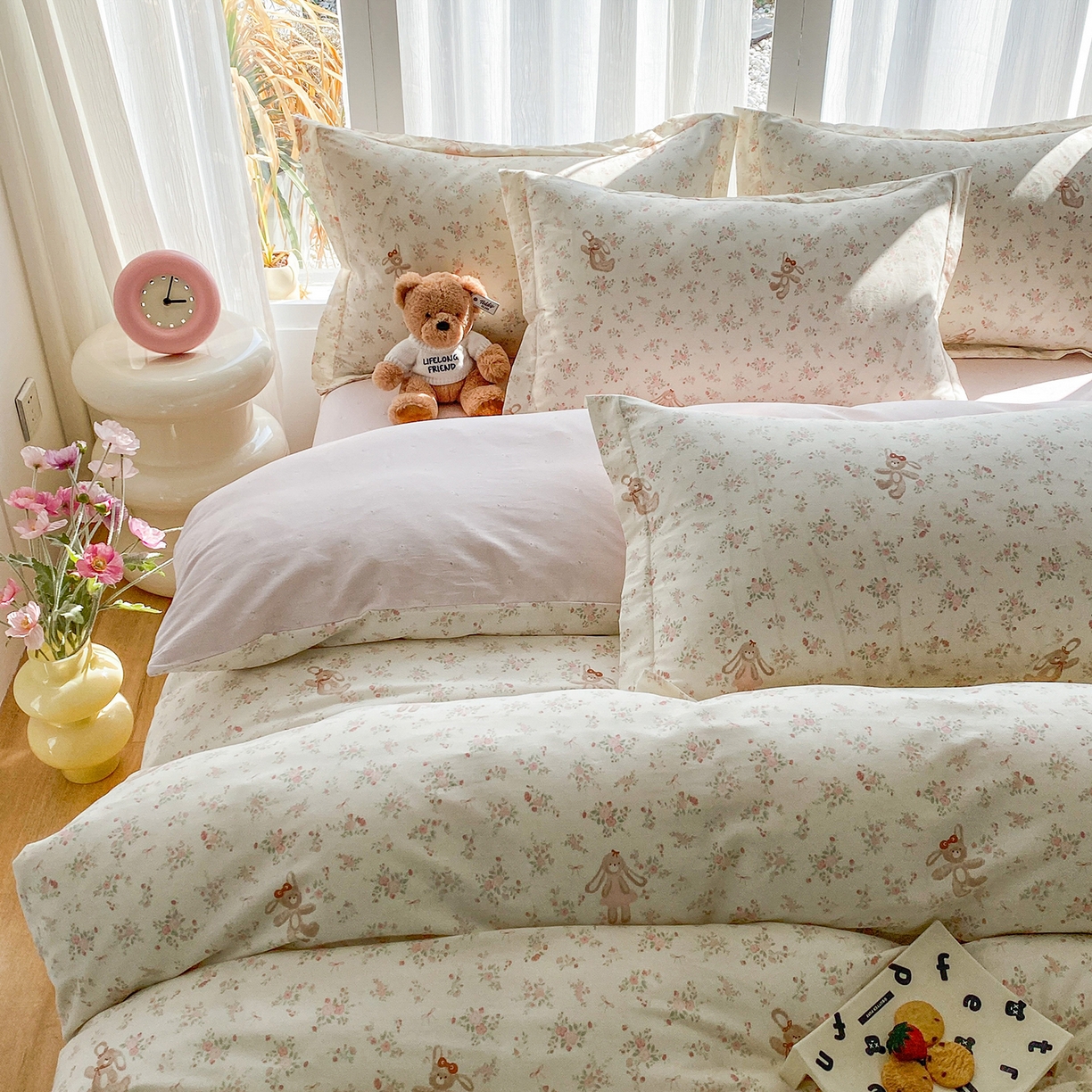 91家纺网 家纺一手货源 找家纺 钰锦珀家纺 2026新款13070全棉直角床单三件套四件套 粉樱兔小姐