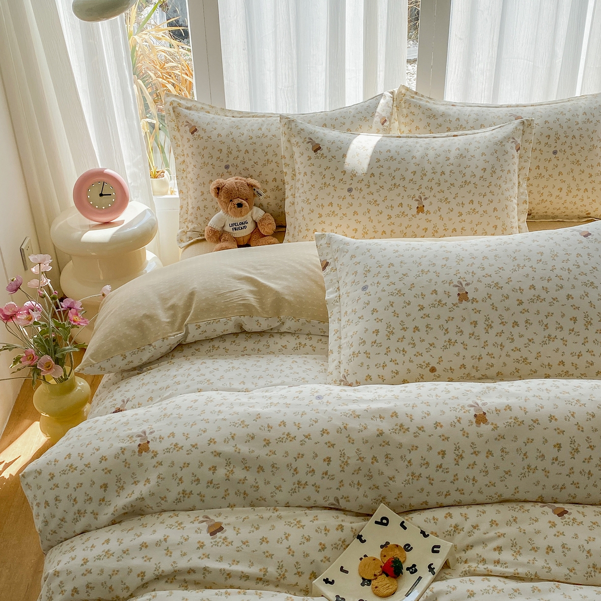 91家纺网 家纺一手货源 找家纺 钰锦珀家纺 2026新款13070全棉直角床单三件套四件套 花屿兔兔-桔