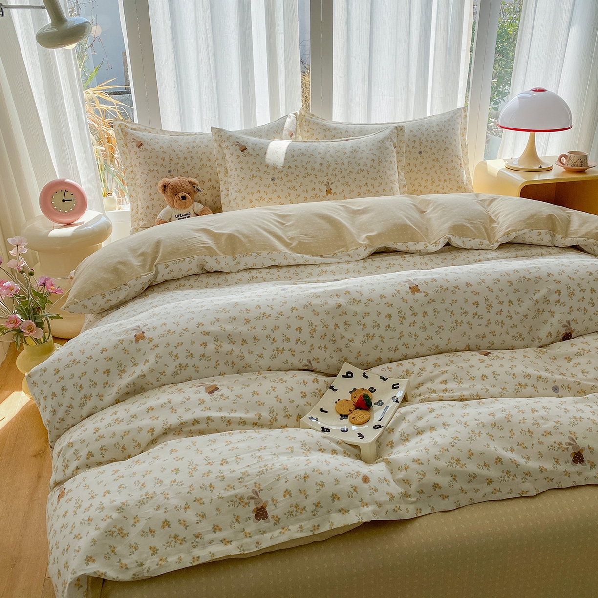 91家纺网 家纺一手货源 找家纺 钰锦珀家纺 2026新款13070全棉直角床单三件套四件套 花屿兔兔-桔