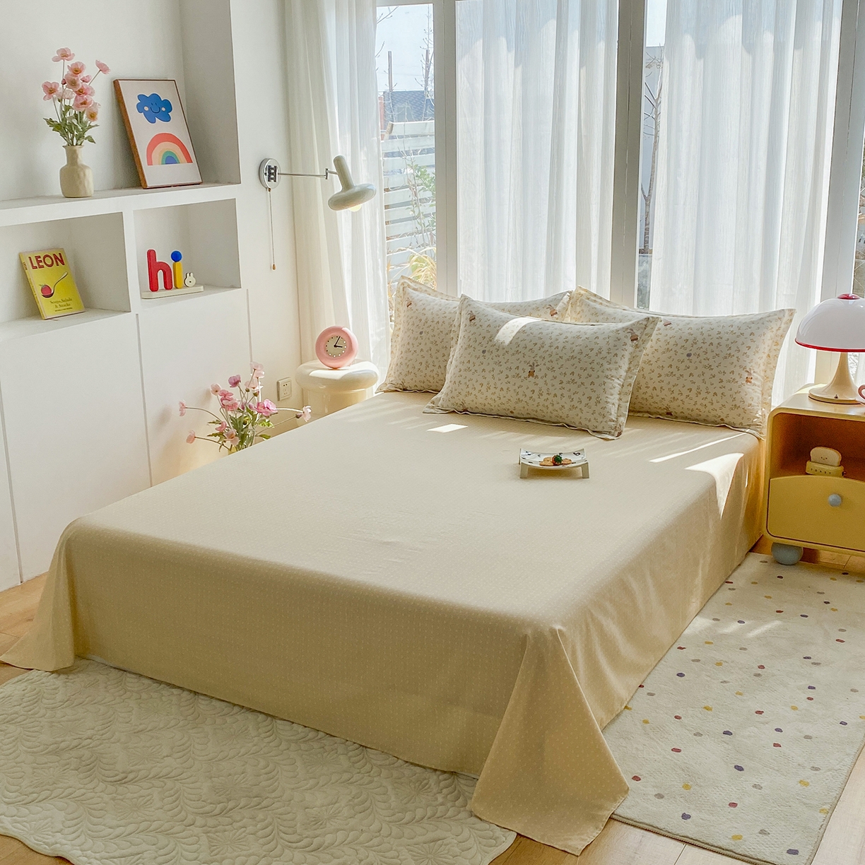 91家纺网 家纺一手货源 找家纺 钰锦珀家纺 2026新款13070全棉直角床单三件套四件套 花屿兔兔-桔