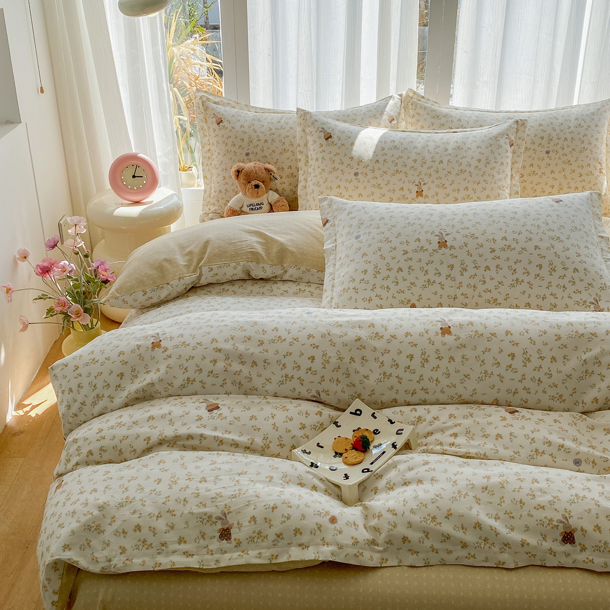 91家纺网 家纺一手货源 找家纺 钰锦珀家纺 2026新款13070全棉直角床单三件套四件套 花屿兔兔-桔