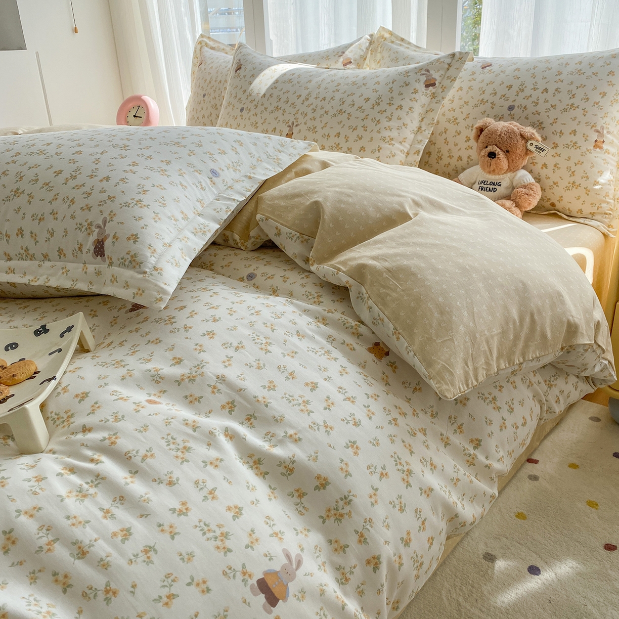 91家纺网 家纺一手货源 找家纺 钰锦珀家纺 2026新款13070全棉直角床单三件套四件套 花屿兔兔-桔