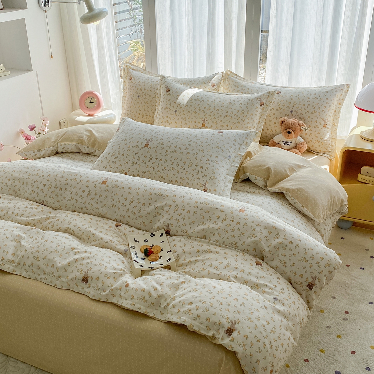 91家纺网 家纺一手货源 找家纺 钰锦珀家纺 2026新款13070全棉直角床单三件套四件套 花屿兔兔-桔