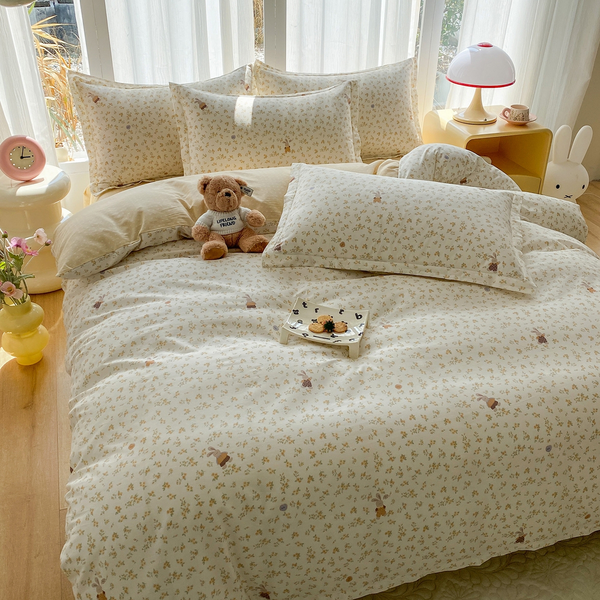 91家纺网 家纺一手货源 找家纺 钰锦珀家纺 2026新款13070全棉直角床单三件套四件套 花屿兔兔-桔