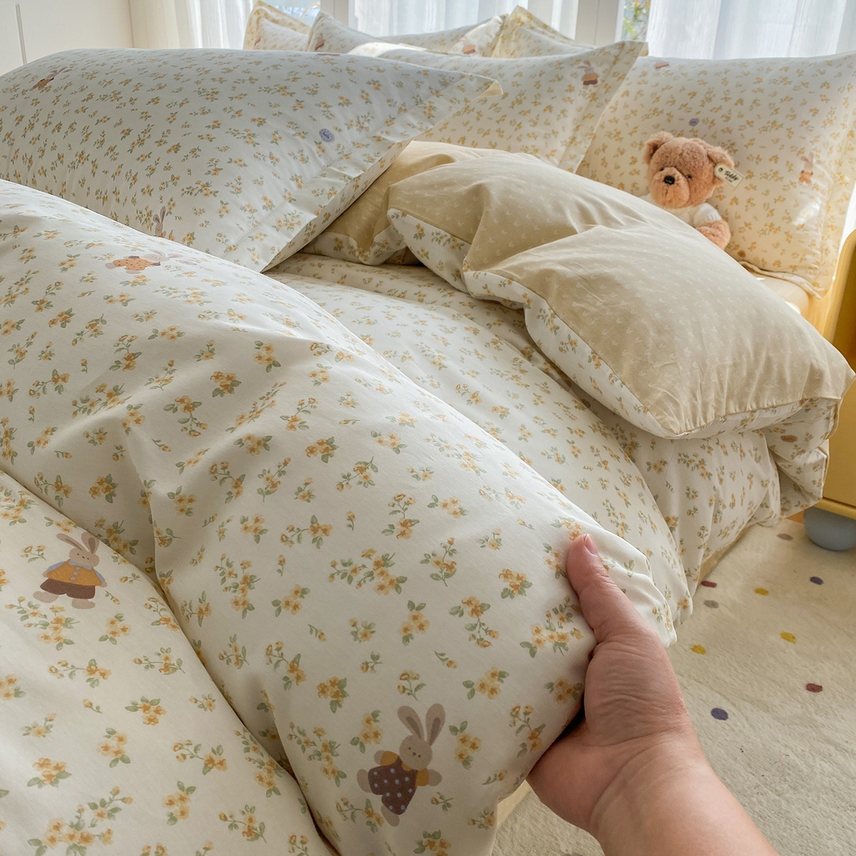 91家纺网 家纺一手货源 找家纺 钰锦珀家纺 2026新款13070全棉直角床单三件套四件套 花屿兔兔-桔