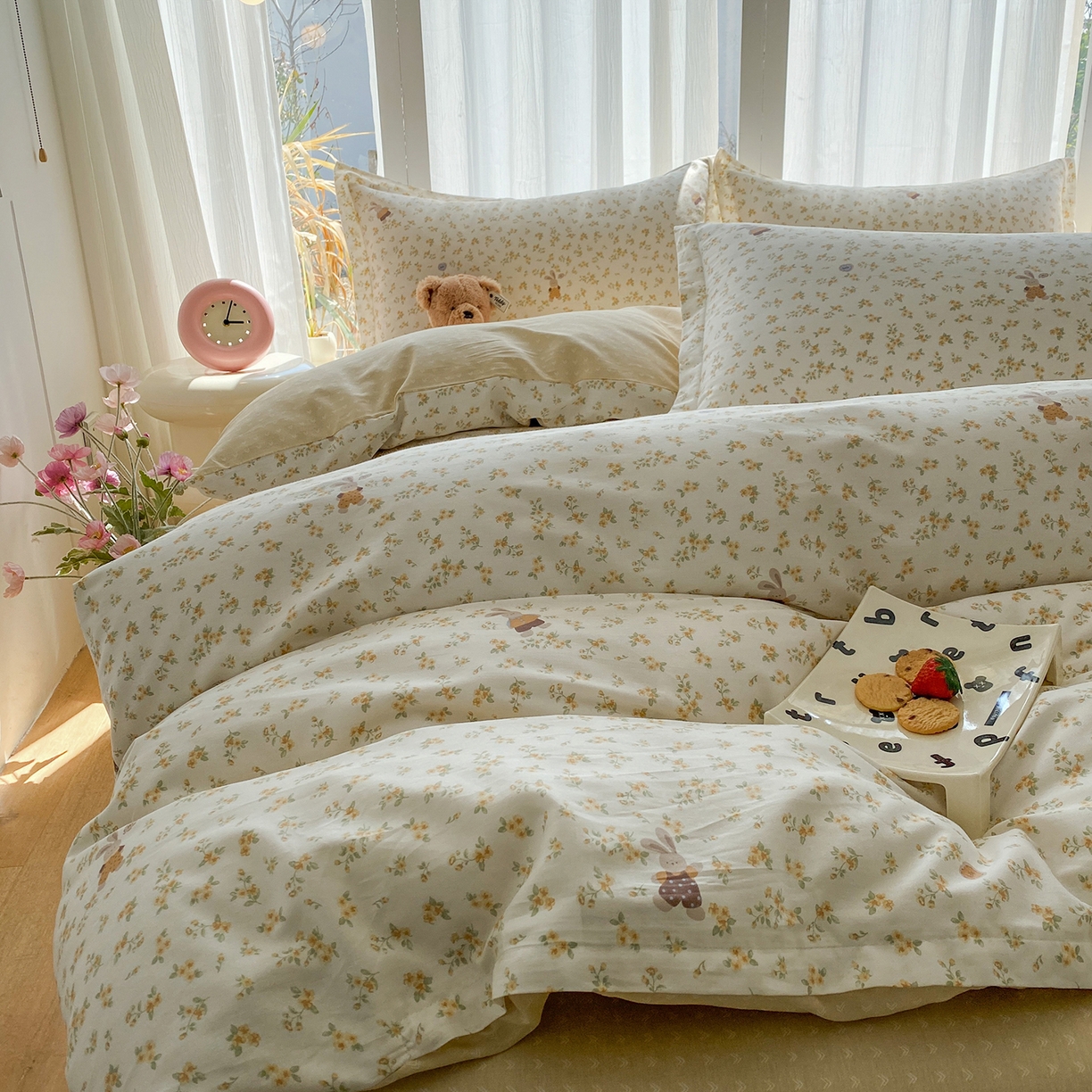 91家纺网 家纺一手货源 找家纺 钰锦珀家纺 2026新款13070全棉直角床单三件套四件套 花屿兔兔-桔