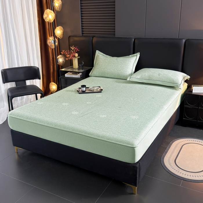 91家纺网 家纺一手货源 找家纺 牵梦萦家纺 2026新款立体浮雕压花工艺凉感豆豆凉席-床笠款 豆豆彩蝶-绿色