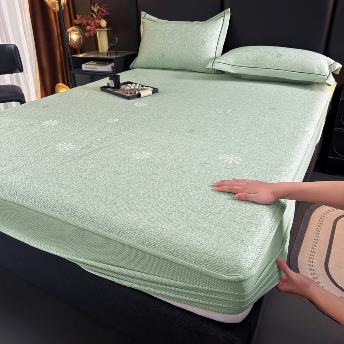 牵梦萦家纺 2026新款立体浮雕压花工艺凉感豆豆凉席-床笠款 豆豆彩蝶-绿色