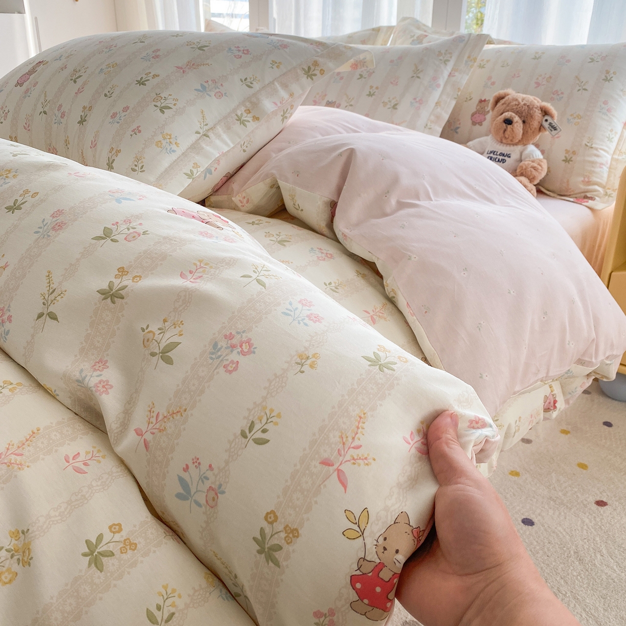 91家纺网 家纺一手货源 找家纺 钰锦珀家纺 2026新款13070全棉直角床单三件套四件套 喵喵花