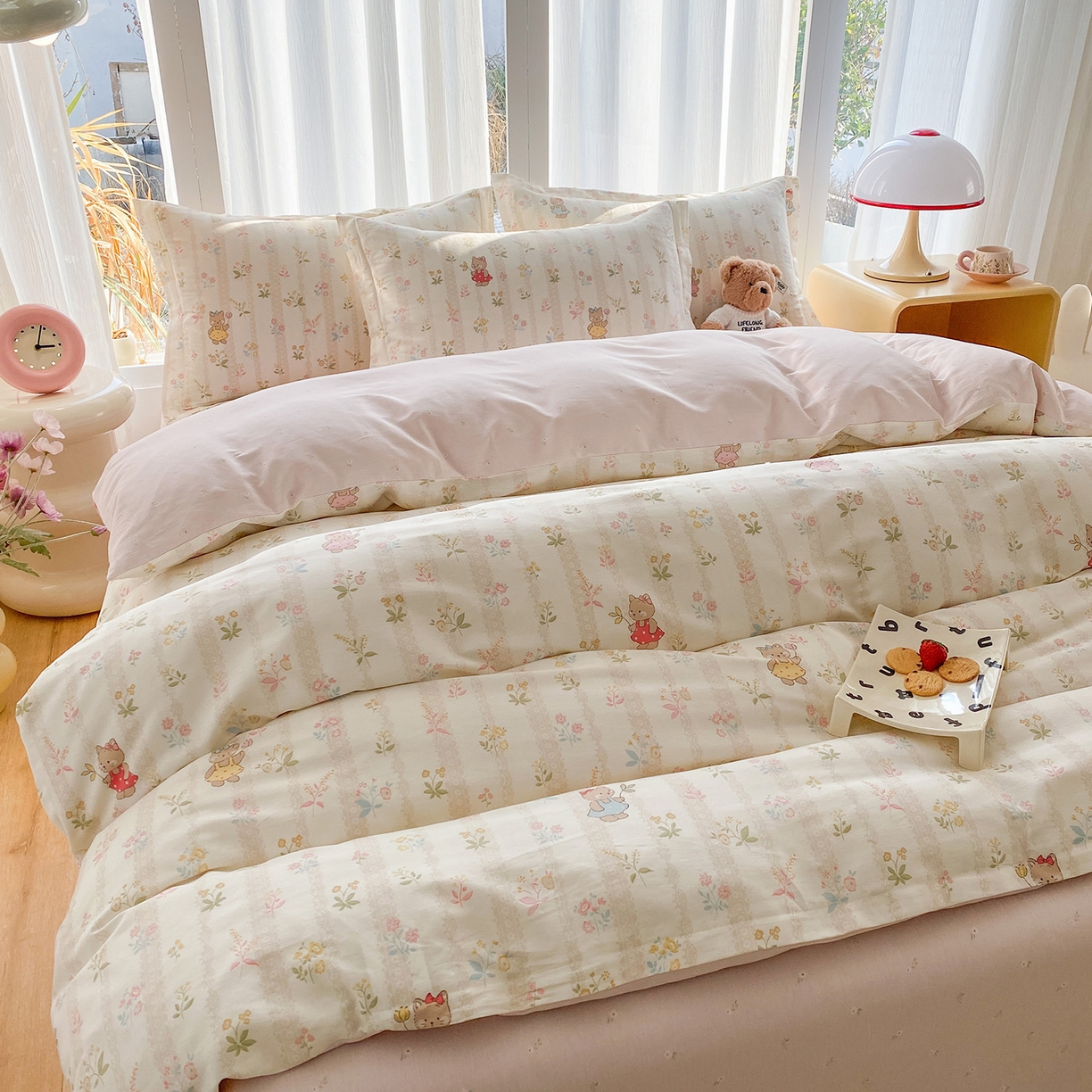 91家纺网 家纺一手货源 找家纺 钰锦珀家纺 2026新款13070全棉直角床单三件套四件套 喵喵花