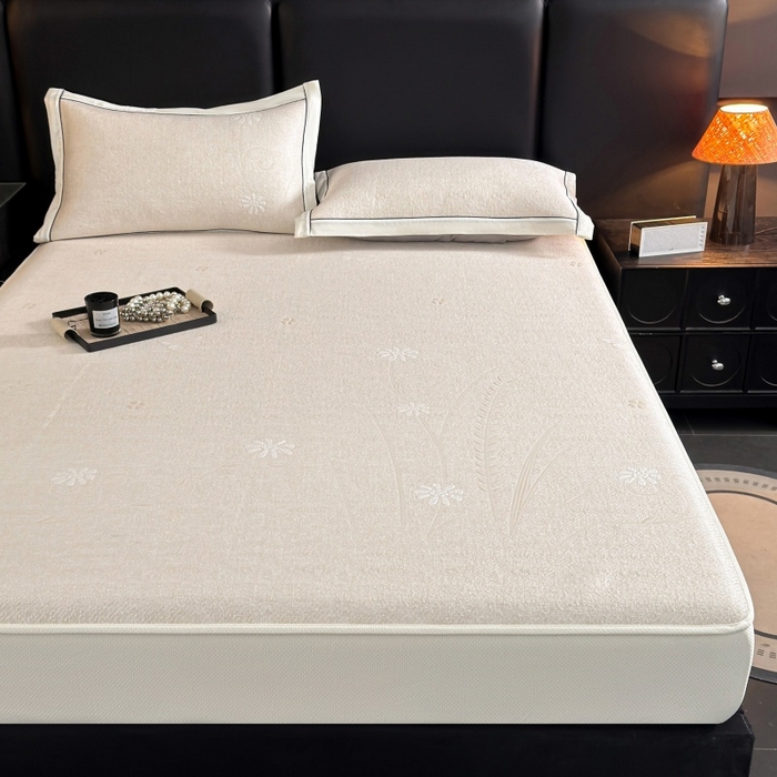 91家纺网 家纺一手货源 找家纺 牵梦萦家纺 2026新款立体浮雕压花工艺凉感豆豆凉席-床笠款 豆豆彩蝶-米白色