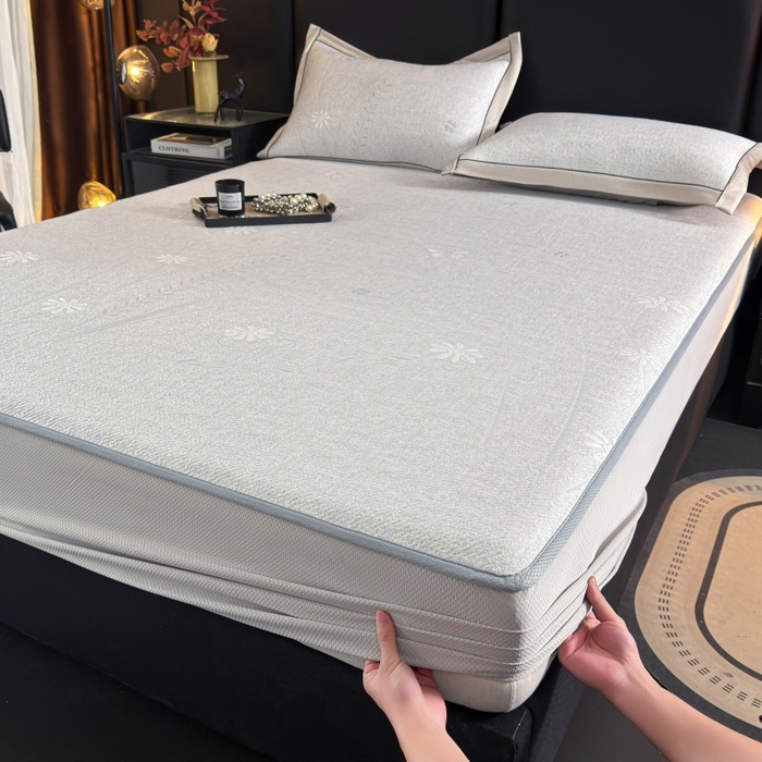 91家纺网 家纺一手货源 找家纺 牵梦萦家纺 2026新款立体浮雕压花工艺凉感豆豆凉席-床笠款 豆豆彩蝶-浅灰色