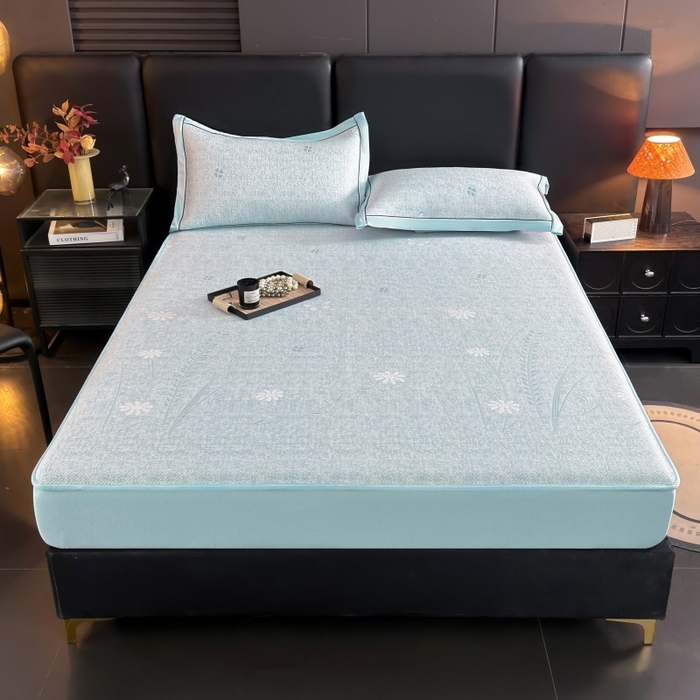 91家纺网 家纺一手货源 找家纺 牵梦萦家纺 2026新款立体浮雕压花工艺凉感豆豆凉席-床笠款 豆豆彩蝶-浅蓝色