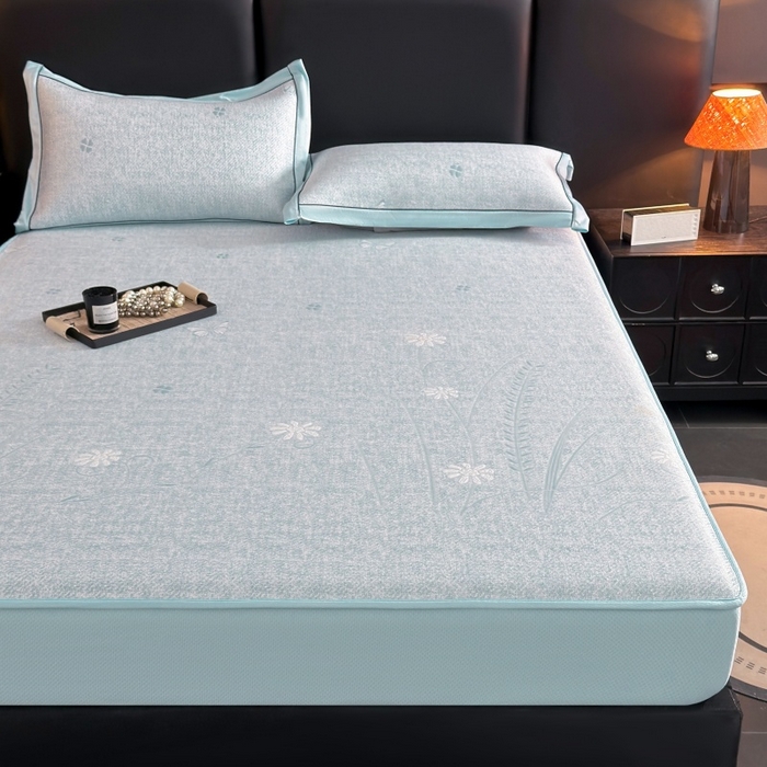 91家纺网 家纺一手货源 找家纺 牵梦萦家纺 2026新款立体浮雕压花工艺凉感豆豆凉席-床笠款 豆豆彩蝶-浅蓝色