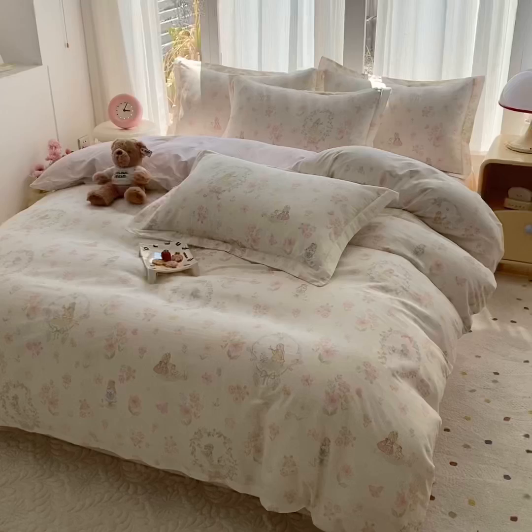 91家纺网 家纺一手货源 找家纺 钰锦珀家纺 2026新款13070全棉直角床单三件套四件套 浅色童话