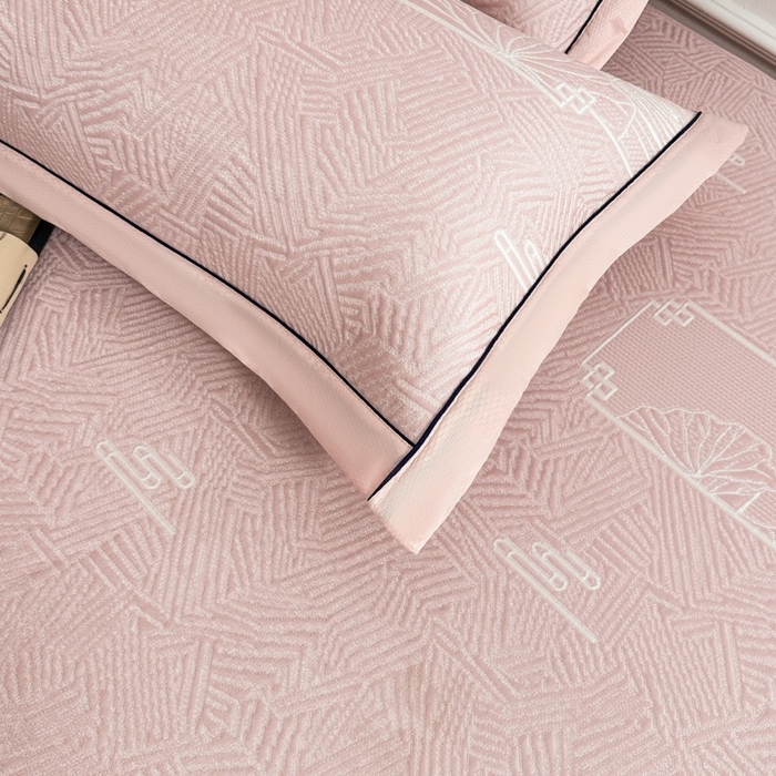 91家纺网 家纺一手货源 找家纺 牵梦萦家纺 2026新款立体浮雕压花工艺凉感豆豆凉席-床笠款 豆豆荷塘月色-粉色