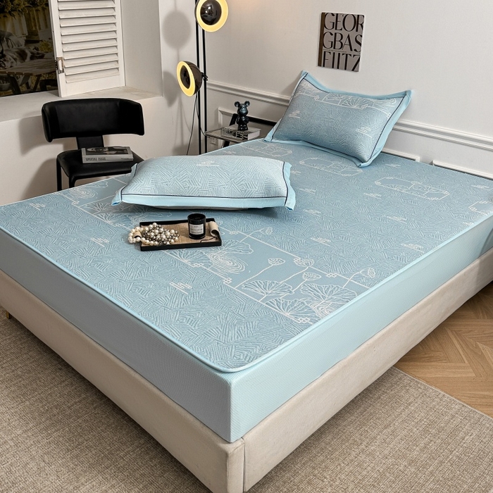 91家纺网 家纺一手货源 找家纺 牵梦萦家纺 2026新款立体浮雕压花工艺凉感豆豆凉席-床笠款 豆豆荷塘月色-蓝色