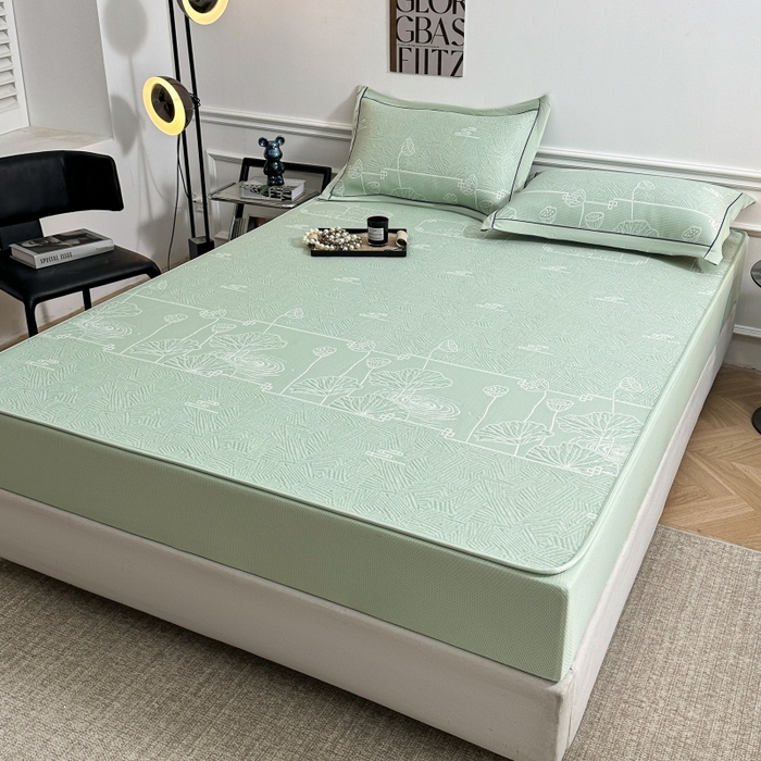 91家纺网 家纺一手货源 找家纺 牵梦萦家纺 2026新款立体浮雕压花工艺凉感豆豆凉席-床笠款 豆豆荷塘月色-绿色