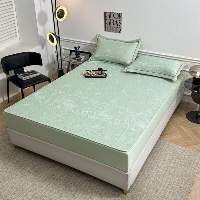 91家纺网 家纺一手货源 找家纺 牵梦萦家纺 2026新款立体浮雕压花工艺凉感豆豆凉席-床笠款 豆豆荷塘月色-绿色